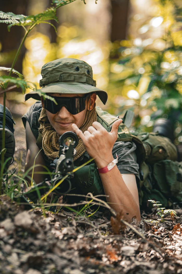 Soldier in camouflage lying in forest, smiling and holding a rifle during training.